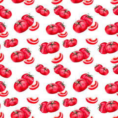 Seamless pattern, with red ripe tomatoes on a white background. Watercolor background on the theme of cuisine and food for textiles, Wallpaper and packaging.
