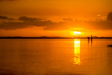 Fototapeta na wymiar People walk on the ocean against the background of an incredible sunset. Mauritius, Indian Ocean.