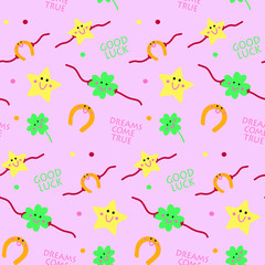 Seamless vector pattern with cartoon illustrations: clover, horseshoe, star, with the words "I wish you Good Luck" and "Dreams Come True" in a flat style. Suitable for scrapbooking.