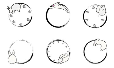 かわいいウサギと筆で描いた和風の手描きフレーム