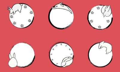 かわいいウサギと筆で描いた和風の手描きフレーム