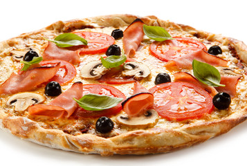 Pizza with ham, mozzarella, champignon and vegetables on white background