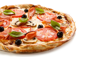 Pizza with ham, mozzarella, champignon and vegetables on white background