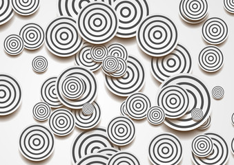 White circles with black rings abstract retro background. Vector design