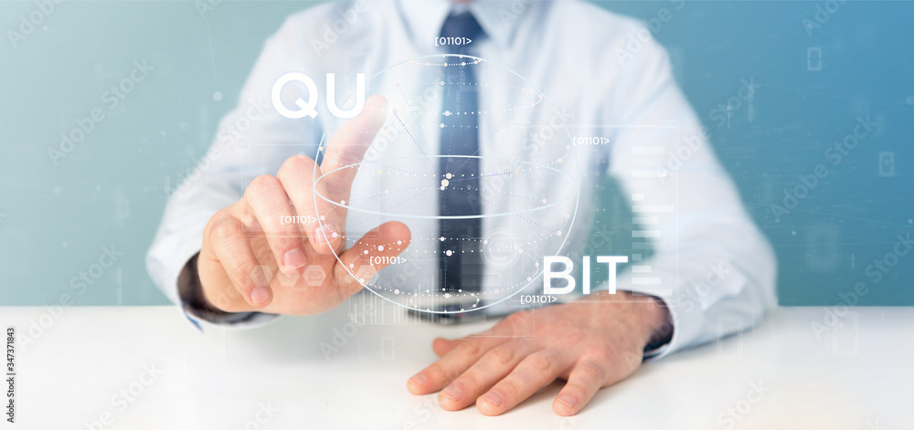 Poster businessman holding quantum computing concept with qubit icon 3d rendering