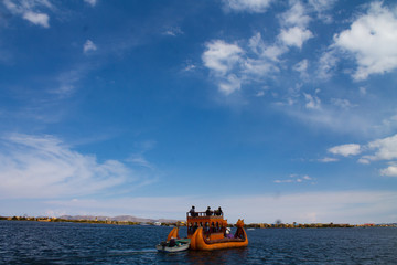 “Caballito de tototra” sailing on the island of the urus of lagoo Titicaca, Puno.