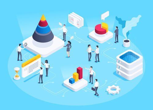 isometric vector image on a blue background, analytic center with employees, charts and data processing server, statistics collection