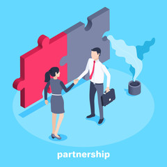 Fototapeta premium isometric vector image on a blue background, a man in business clothes shakes hands with a woman and then connected pieces of a puzzle, business cooperation and partnership