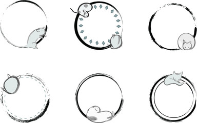 手描きのかわいい動物の和風円形フレーム