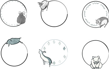 手描きのかわいい動物の和風円形フレーム