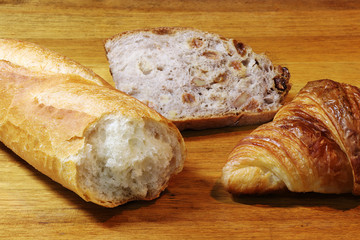 French bread (baguette, croissant, pain aux raisins)