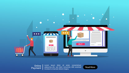 Online payment landing page design. People character doing transaction and shopping with online payment. Secure money transfer, vector template illustration