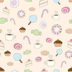 cute colorful pastel cartoon style coffee and bakery seamless pattern