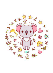 Fototapeta premium Cute kawaii hand drawn koala doodles, circle print , isolated on white background