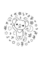Coloring pages, black and white cute kawaii hand drawn koala doodles, circle print