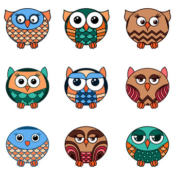 Set of nine funny various oval owls