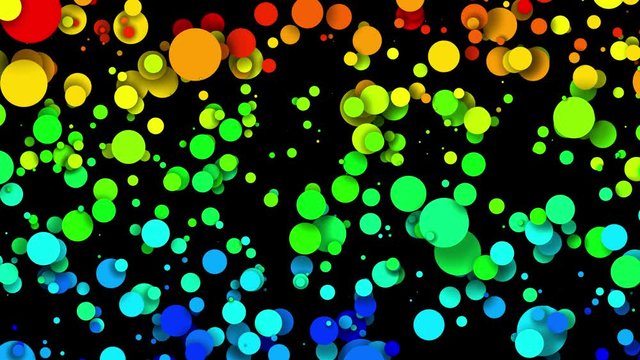 Circles decrease and increase in waves. 4k looped seamless abstract background. Gradient rainbow color on particles like paint bubbles or dye droplets in water in flat style. Luma matte 12