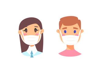 Set of male and female characters. Cartoon style masked people icons. Isolated guys avatars. Flat illustration protected men and women faces. Hand drawn vector drawing safe girls and boys portraits