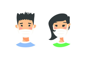 Set of male and female characters. Cartoon style masked people icons. Isolated guys avatars. Flat illustration protected men and women faces. Hand drawn vector drawing safe girls and boys portraits