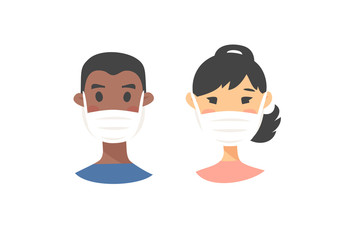 Fototapeta premium Set of male and female characters. Cartoon style masked people icons. Isolated guys avatars. Flat illustration protected men and women faces. Hand drawn vector drawing safe girls and boys portraits