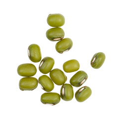 Close up of fifteen mung beans spread out seen directly from above and isolated on white background