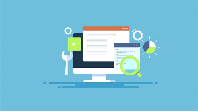 Technical seo software, on-page optimization, web development concept. 2d animation video clip.