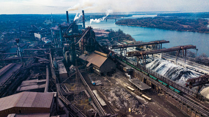 metallurgical production plant full cycle smoke from pipes bad ecology aerial photography