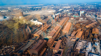 metallurgical production plant full cycle smoke from pipes bad ecology aerial photography