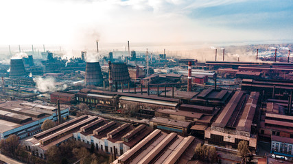 metallurgical production plant full cycle smoke from pipes bad ecology aerial photography