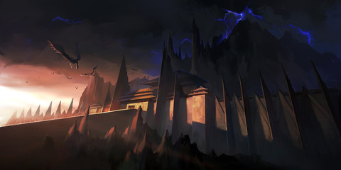 Eerie dark castle, digital illustration. © liuzishan
