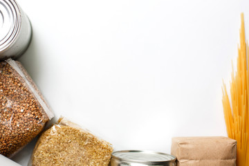 Food supplies crisis food stock for quarantine isolation period on white background.
