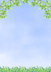 手描き水彩　新緑と草原と青空　縦向き
