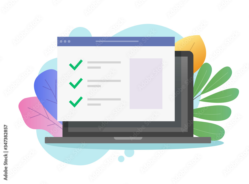 Poster Website form with check list on laptop computer screen or pc with internet web check marks vector flat cartoon, illustrated screen with online ticks as quiz or survey, idea of to do list modern image