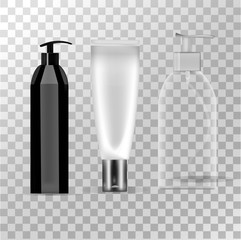 Spray bottle, cream bottle, soap bottle. A block for your brand. Isolated vector.