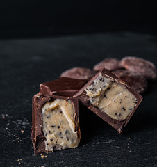 Homemade belgian chocolate. Close-up chocolate.  Religious Holiday, The Sugar Feast After Ramadan. Blurred background. Copy space for text message.