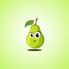 Frightened cartoon pear symbol. Cute icon of the pear isolated on green background.