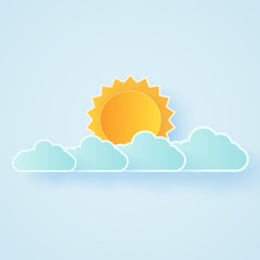 Cloudscape, blue sky with clouds and bright sun, paper art style