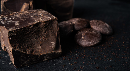Homemade belgian chocolate. Close-up chocolate.  Religious Holiday, The Sugar Feast After Ramadan. Blurred background. Copy space for text message.