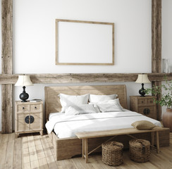 Mockup frame in bedroom interior background, Farmhouse style, 3d render