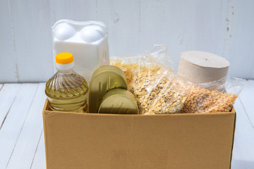 Coronavirus food donation. Food in a box for the needy on a white background. Food delivery.