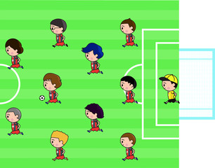 赤いユニフォームのサッカー男子チームのイラスト

