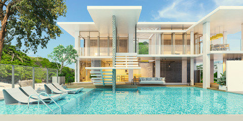 Modern beautiful house with a swimming pool, sea view, blue and white concept,3d render