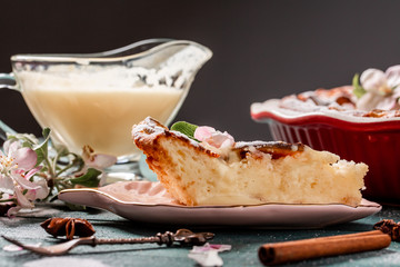 Delicious Homemade apple Pie with a Flaky Crust on rustic wooden background. Popular American apple...