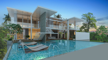 Modern beautiful house with a swimming pool, sea view, blue and white concept,3d render