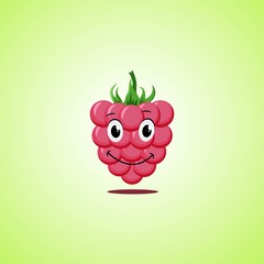 Red Simple Smiling raspberry Cartoon Character. Cute smiling raspberries icon Isolated On Green Background