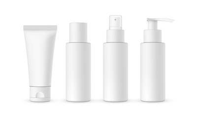 Blank cosmetic packaging mockup: tube, spray, bottle with press pump. Vector illustration - obrazy, fototapety, plakaty