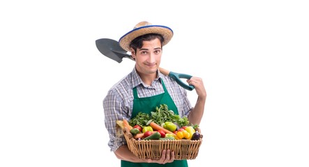 Young farmer with fresh produce isolated on white background