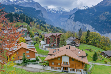 Fototapeta na wymiar Beautiful View Of Wengen Village In Switzerland. Wengen Is A Swiss Alpine Village In The Bernese Oberland Region And Its Known For Its Timber Chalets And Hotels
