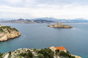 Tha famous prison Chateau d'If seen from  Ratonneau island in the bay of Marseille, France