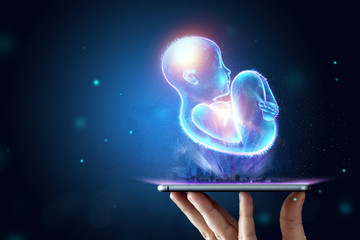 Infant, a child in a fetal position, an embryo, a hologram on a dark background. Pregnancy concept,...